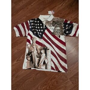 American Summer Mens‎ Patriotic Polo Shirt Abraham Lincoln Flag Liberty Bell Med